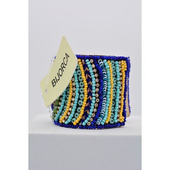 Beaded Cuff Bangle Bracelet Rhinestone Crystal Royal Blue Yellow Gold Chunky - Picture 7 of 12